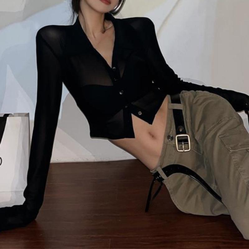 Deeptown Vintage Streetwear Crop Halenky Dámské Jednolité Sexy Průhledné topy ze síťoviny Dámská košile Slim Fit s dlouhým rukávem