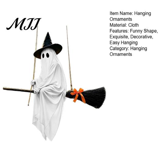 Outdoor Halloween Porch Decor Hanging Ghost Decoration with Witch Hat and Broom, Spooky Flying Wizard Ornament for Haunted House Tree Yard,