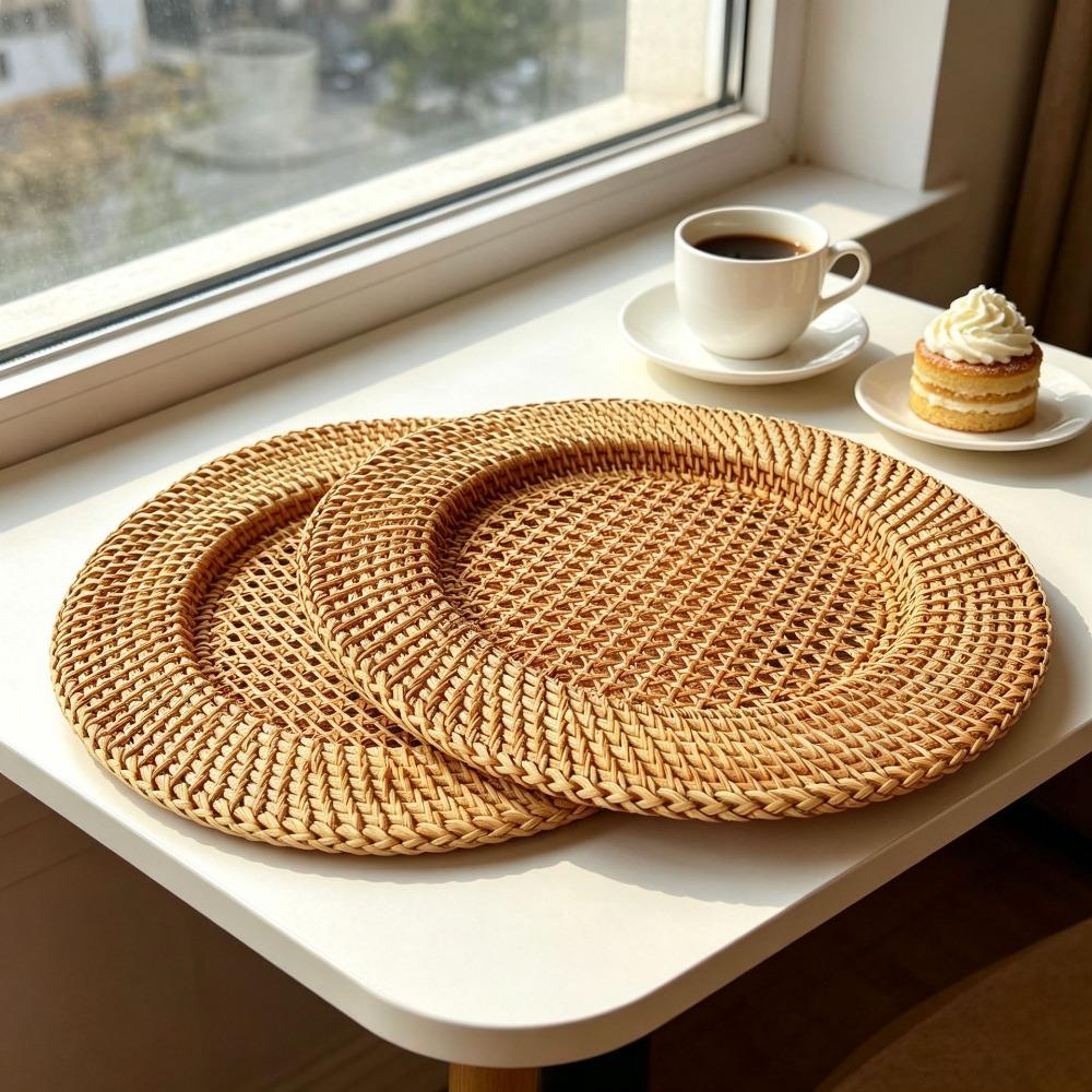 Vassoio Rotondo in Rattan Intrecciato Nordico Sottopiatto Decorativo Decorazione Tavola Vassoio per Servire Snack Oggetto per Foto
