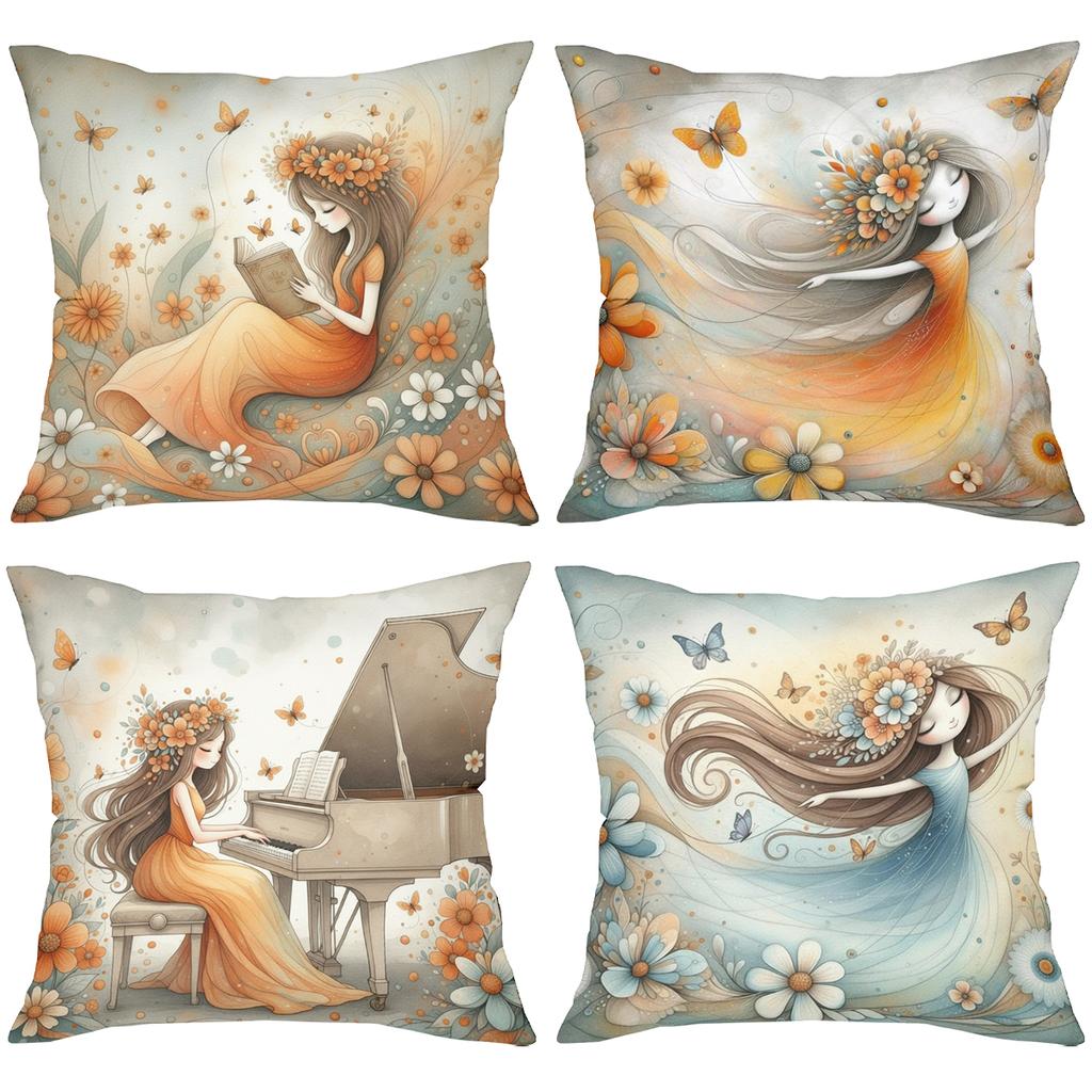 2D flat printing Girls with Flowers Design Decorative Throw Pillows Polyester pillowcase, sofa decorative cushion cov