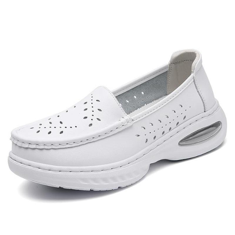 Fashion Women Genuine Leather Wedges Casual Shoes Loafers Soft Nurse Work Shoes Breathable Comfortable Non-slip White Nursing Shoes