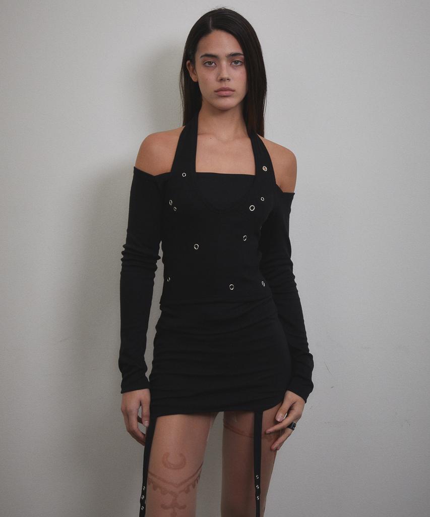 Bunteu Eyelet Halter Long Sleeve (Black)