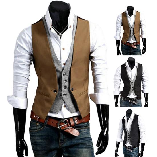 Obleková vesta s jednoduchým výstřihem do V Vynikající řemeslné zpracování Falešná dvoudílná pánská vesta Pracovní oděvy