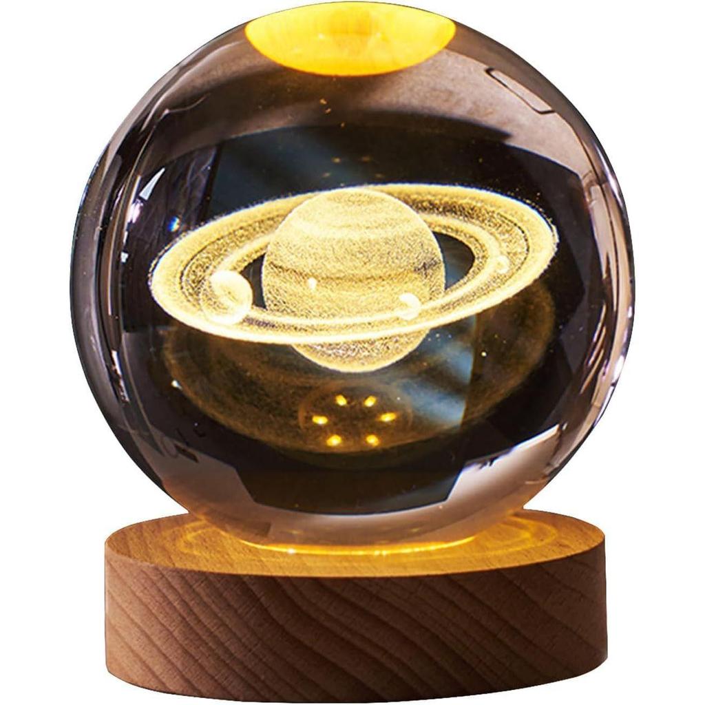 Saturn Crystal Ball Night Lamp, Crystal Ball Night Light, Corded Electric Table Colorful LED Wooden Base Lamp for Home Decoration Birthday Gift