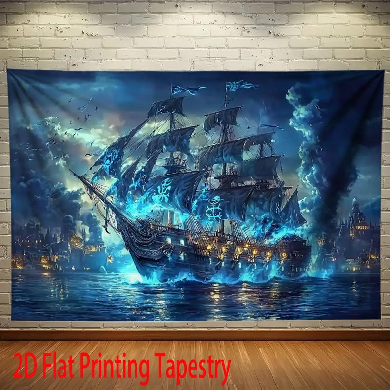 Tapisserie Navire Pirate Impression Numérique 2D Polyester Accrochage Mural Décoration Salon Chambre Bureau Studio avec Crochets