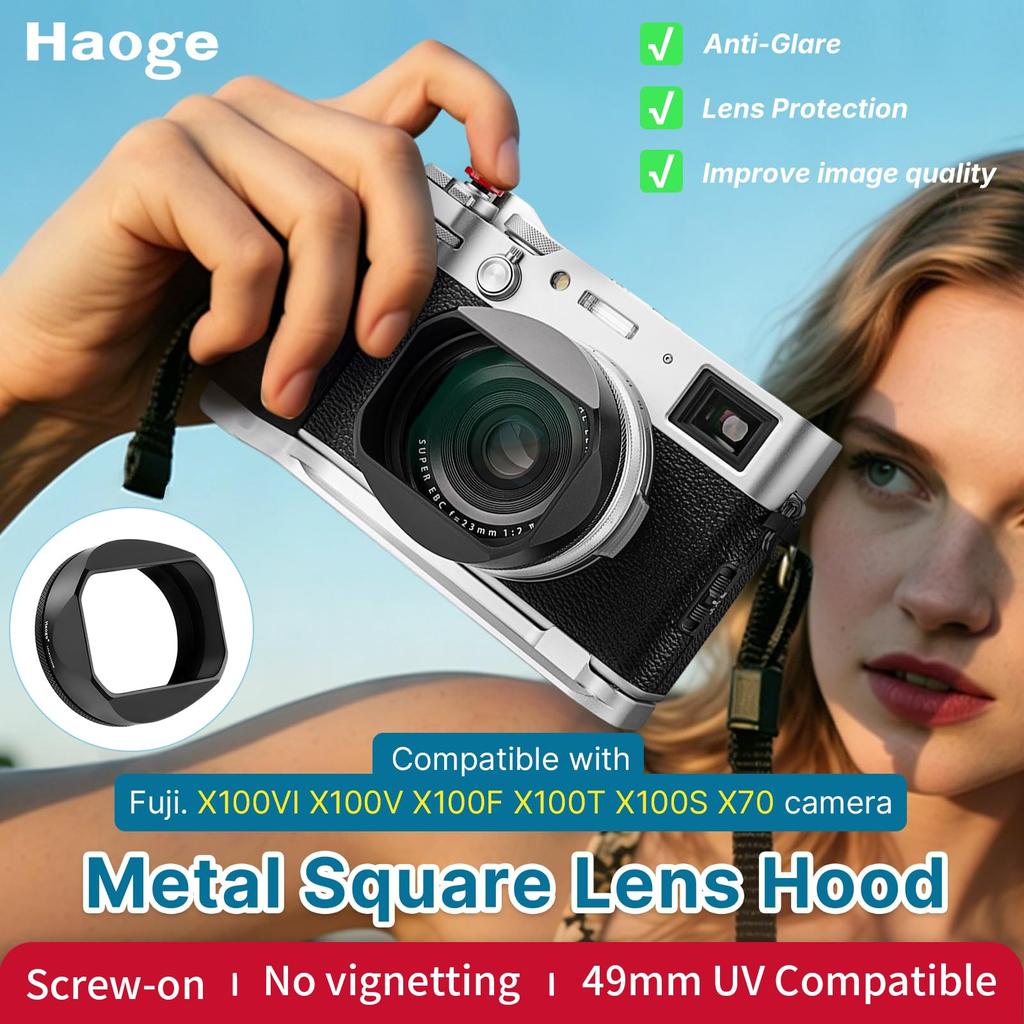 Haoge Square Metal Lens Hood 49mm with UV Filter Adapter Black Ring,