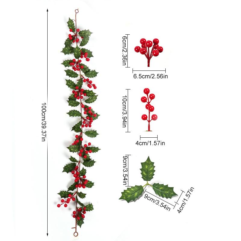 1PC Christmas Tree Vine Decorations Fireplace Wreath Gardens Artificial Holly Leaves Home Plastic Xmas Trees Red Berries Holiday