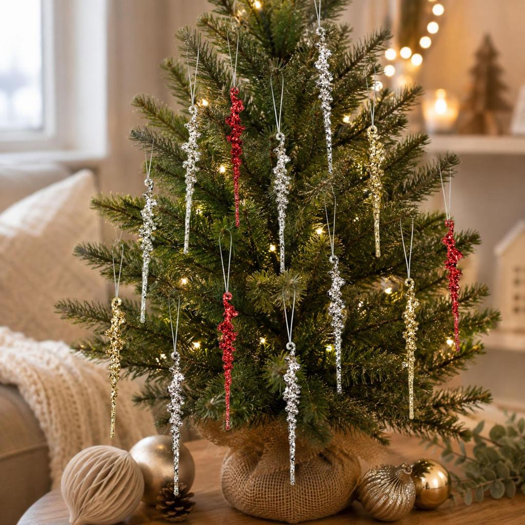 Glitter Christmas Icicle Ornaments Multicolor Xmas Tree Hanging Pendants for Home Party Holiday New Year Indoor Decor Supplies