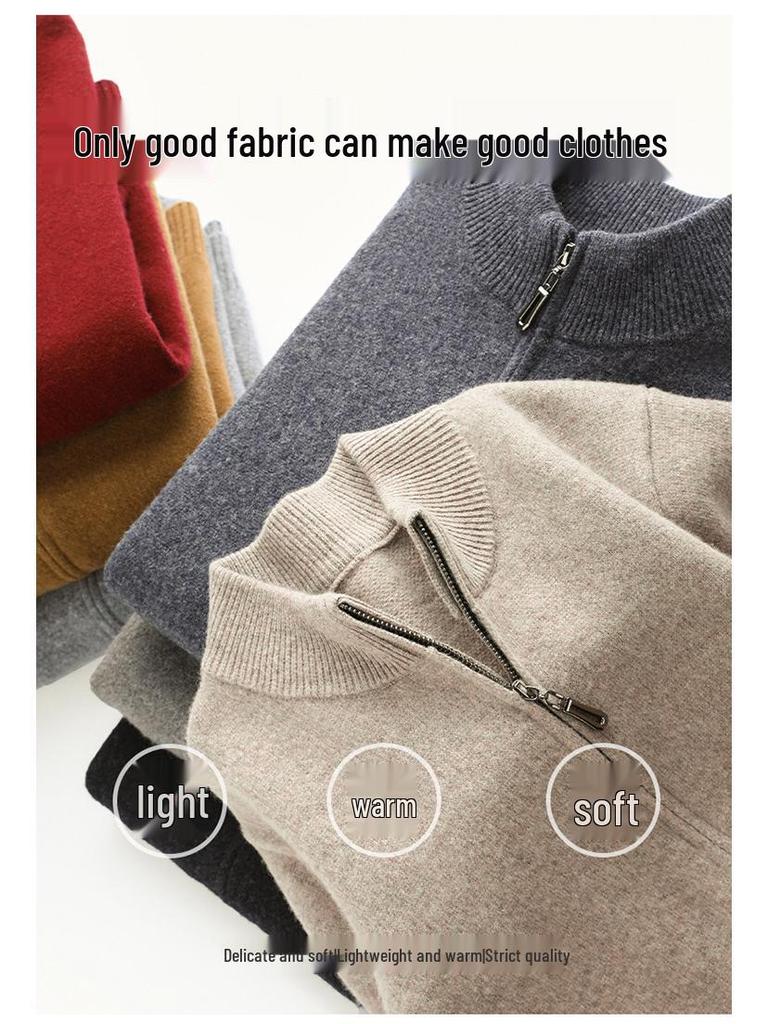 Męski gruby wełniany sweter rozpinany, kołnierz stojący, 520g, gruba gładka tkanina, casualowa ciepła odzież wierzchnia na zimę.