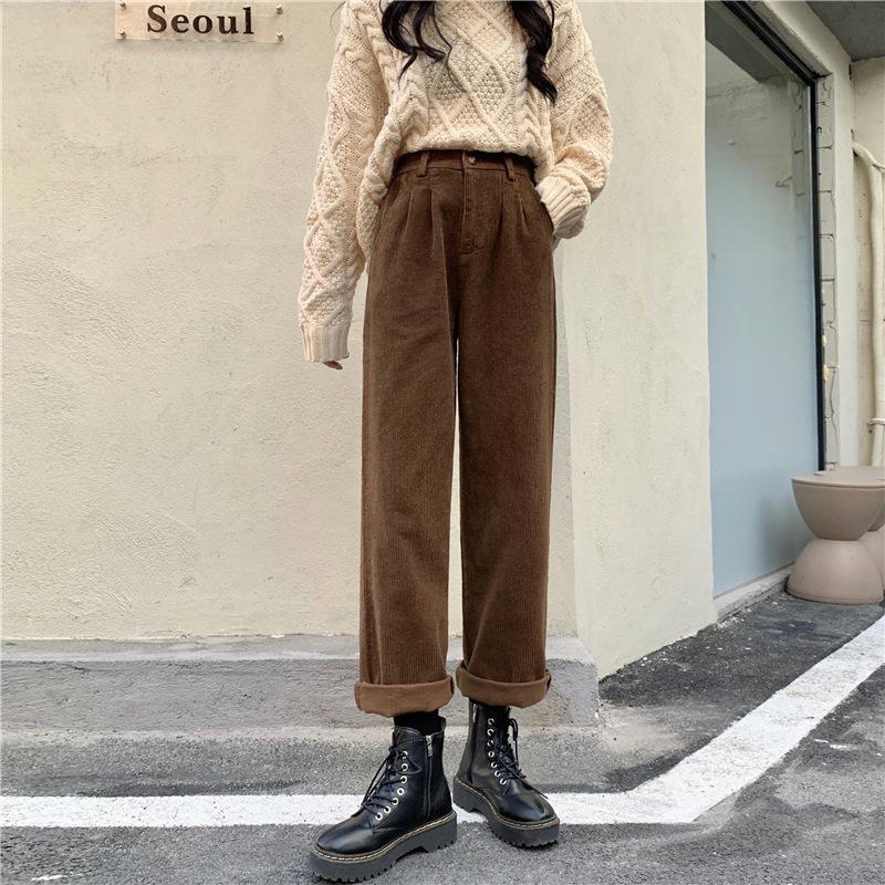 Women's Winter Vintage Corduroy Suit Wide-Leg Pants Solid Color Mid-Rise Simple Straight-Leg Pants