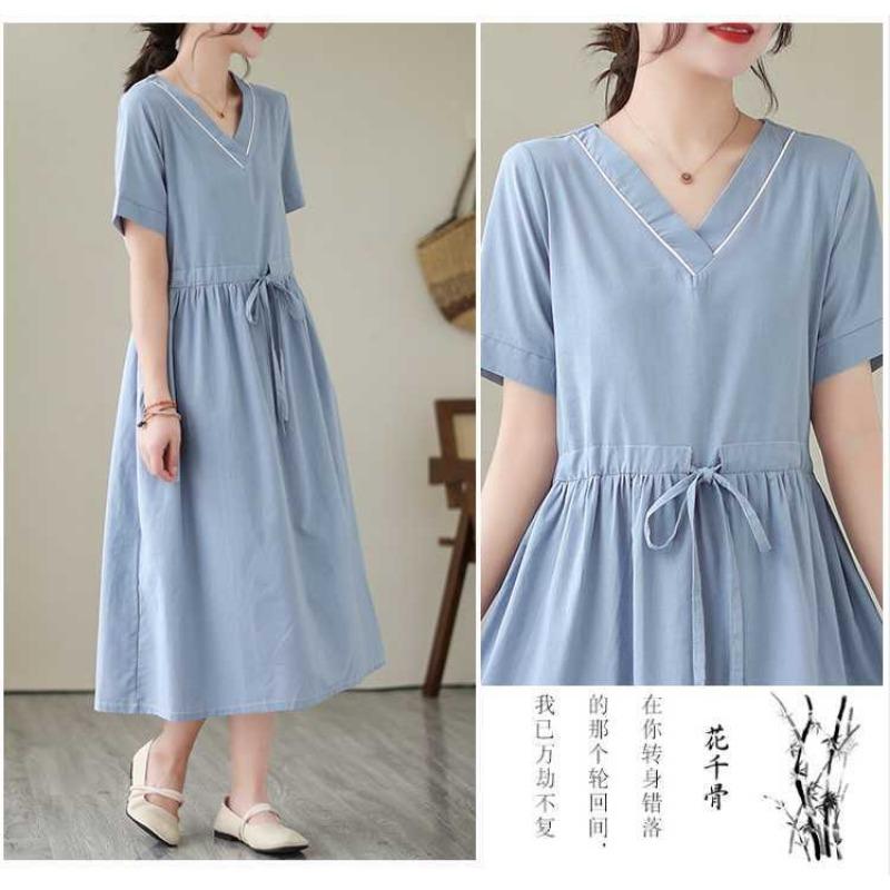 V-neck Mid-length Dress Summer New Retro Literary Large Swing A-line Skirt