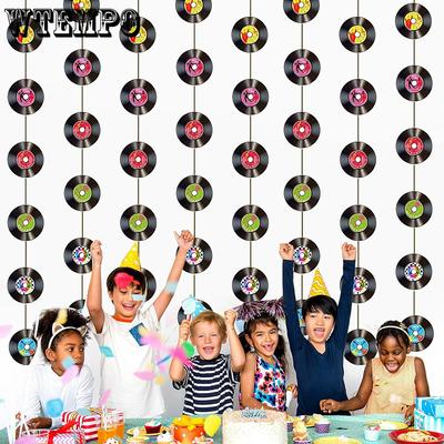 Retro Rock 'n' Roll Themed Party Pull Flags Festive Party Hanging Streamer with Vinyl Record Design DIY Durable Paper Banners Activity Supplies