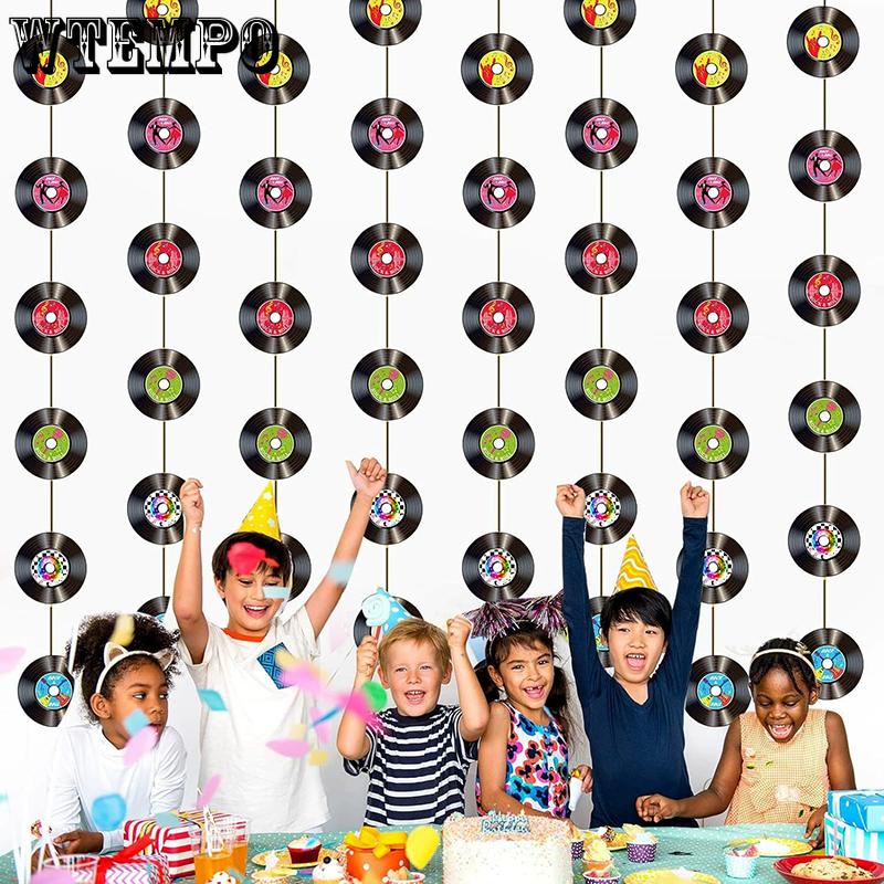 WTEMPO Retro Rock 'n' Roll Themed Party Pull Flags Festive Party Hanging Streamer with Vinyl Record Design DIY Durable Paper Banners Activity Supplies