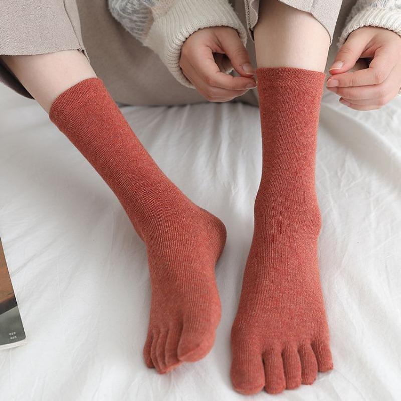 Woman Girls Five Finger Short Socks Solid Color Breathable Soft Elastic Harajuku Socks with Toes Cotton Knitted Mid Tube Socks