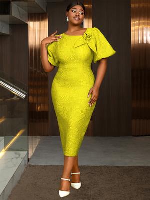 Elegantné dámske šaty na večernú párty, stredne dlhé, s okrúhlym výstrihom, krátkymi naberanými rukávmi, empírovým pásom, 3D kvetmi, priliehavé, žakárové outfity