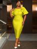 Elegant Women Dresses for Evening Party Mid Calf O Neck Short Puff Sleeves Empire 3D Flower Bodycon Jacquard Outfits