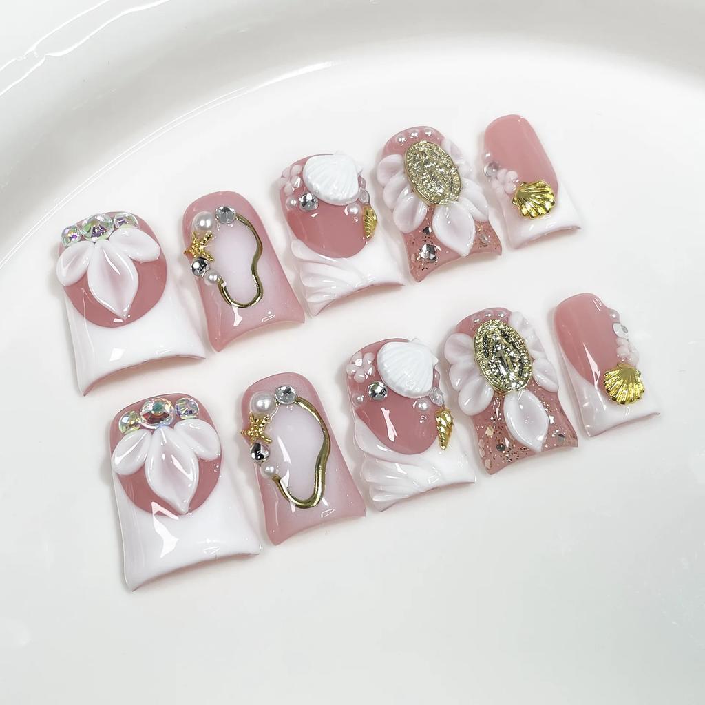 10 Pcs French Nude Pink Short Press On Nails Full Cover Rhinestone Flower Design Handmade Wearable Manicure Tips