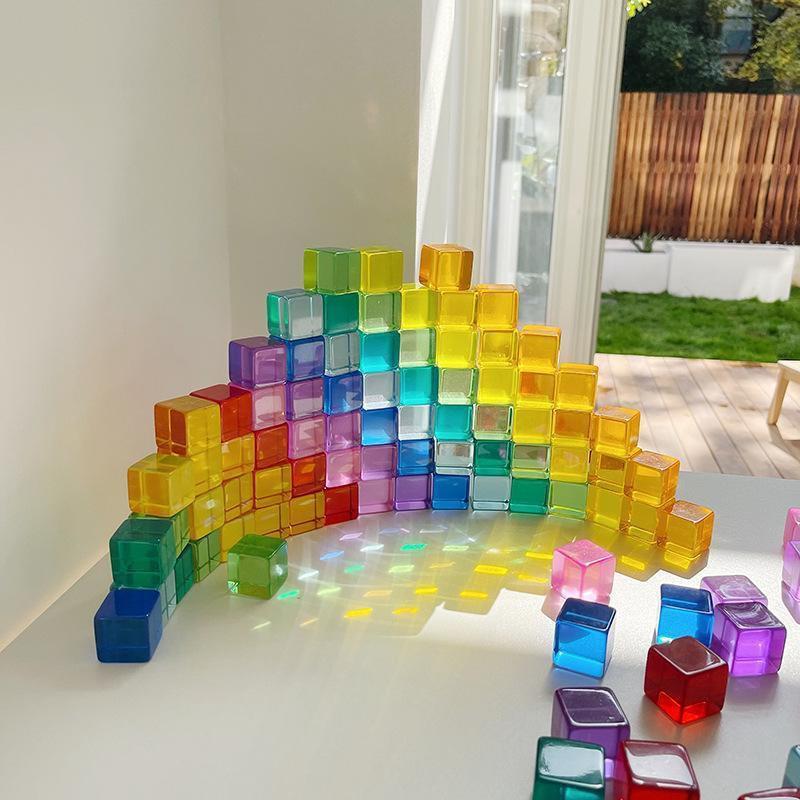 20-98pcs Rainbow Crystal Acrylic Cube Stacked Gemstone Blocks for Children To Learn Color Sensory Building Blocks