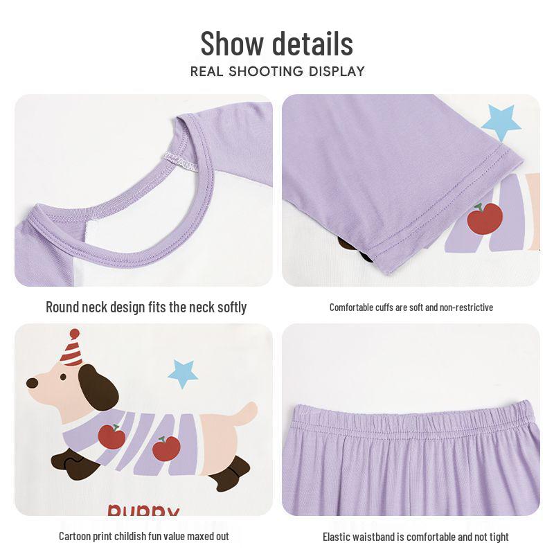 Girls' Air-Conditioned Pajama Set: 7-Point Sleeve & Pants, Ages 2-15, Sizes 80-160cm, Breathable Summer Sleepwear