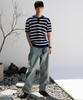 NODU Waffle Stripe Collar Crop Half Knit [Navy]