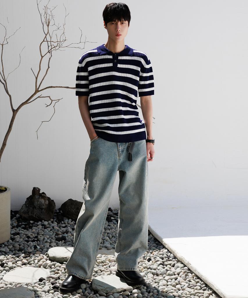 NODU Waffle Stripe Collar Crop Half Knit [Navy]