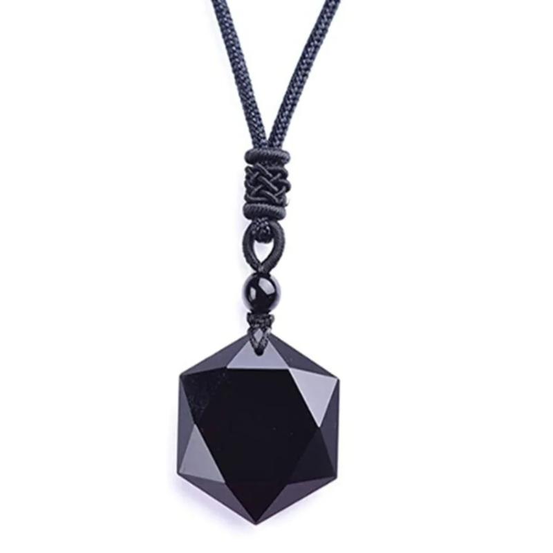 Obsidian Pendant, Pendulum, Energy Stone, Obsidian Hexagram Necklace, Men's and Women's Sweater Chain Accessories