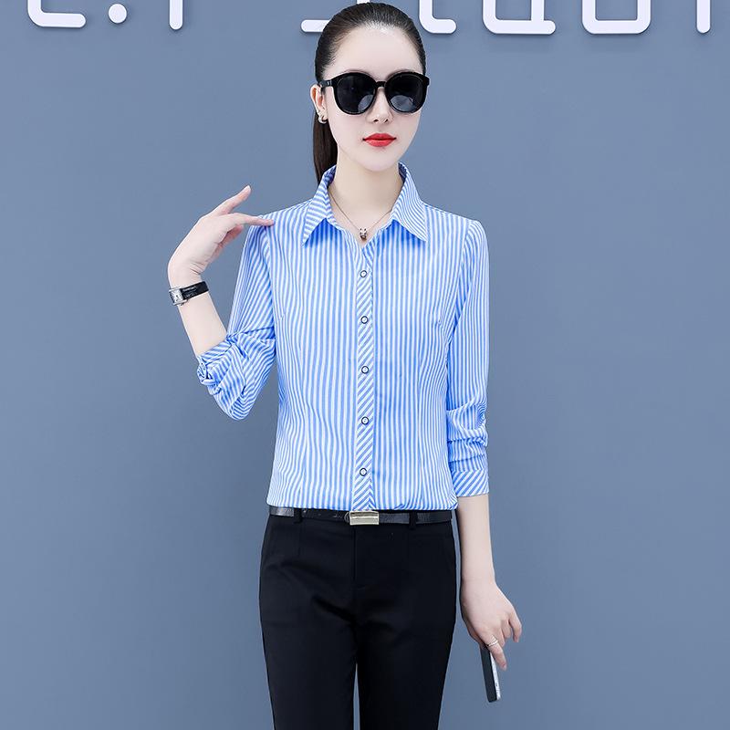 Camicette e camicie a maniche lunghe con scollo a V e stampa a righe, casual, primaverili ed autunnali da donna