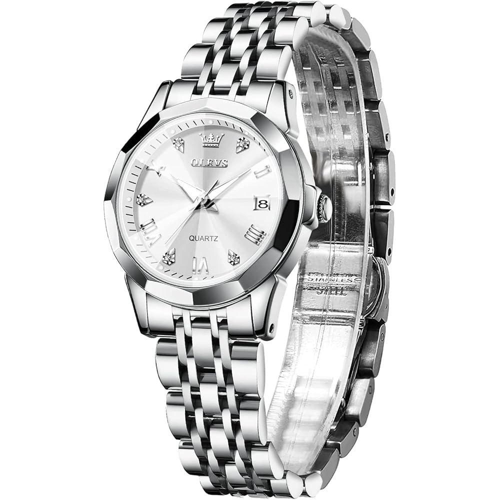 Olevs Women s Analog Quartz Watch Silver Waterproof Date Stainless Steel Band Business Style