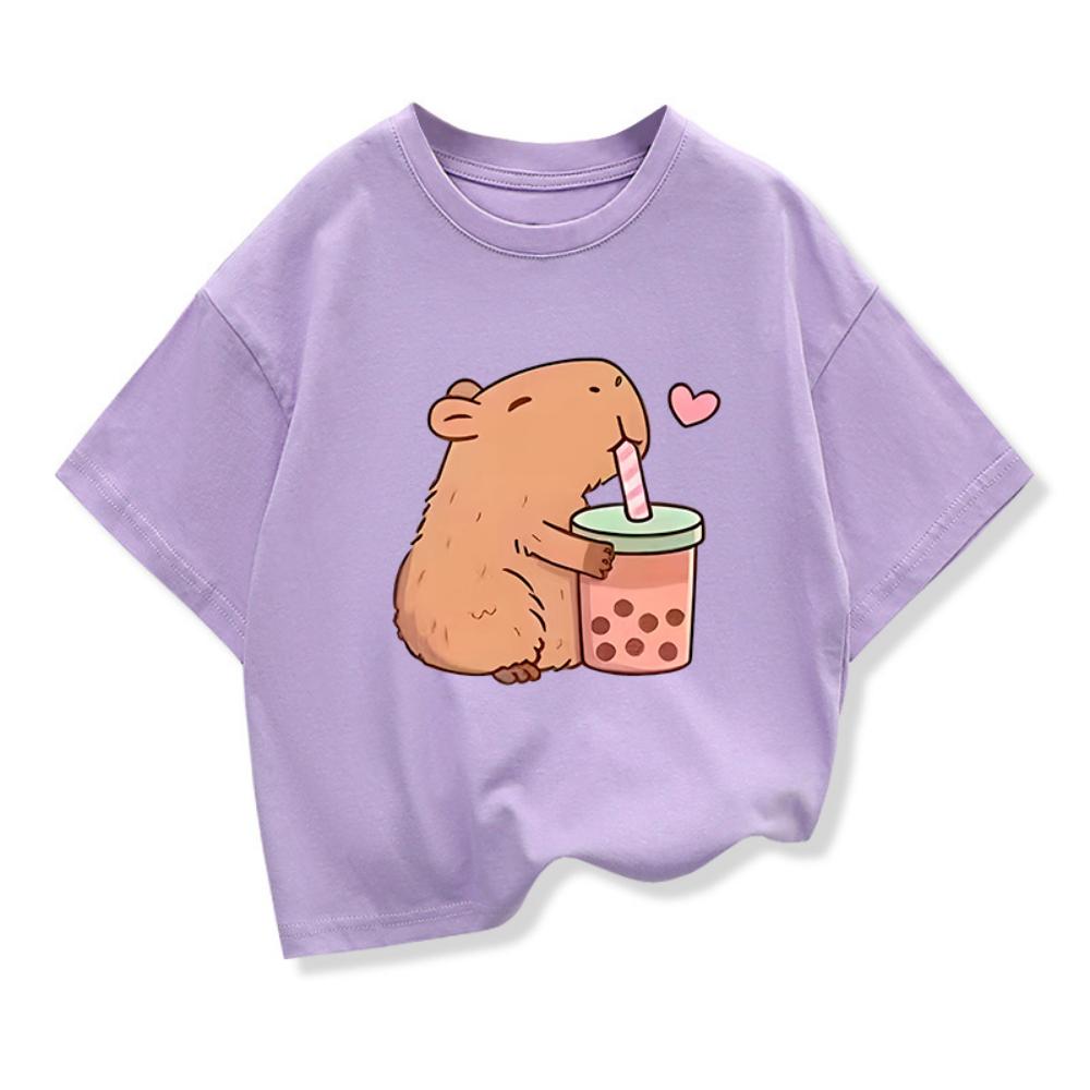 Capybara Print  T-shirt For Kids 3-12Years Girl Anime Short Sleeve Tees Tops 2026 New Children Crewneck Loose T-shirt