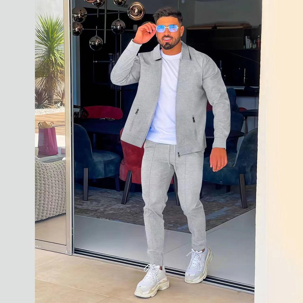 2024 Men's Autumn Waffle Solid Color Jacket and Trousers Set with Zipper Pockets