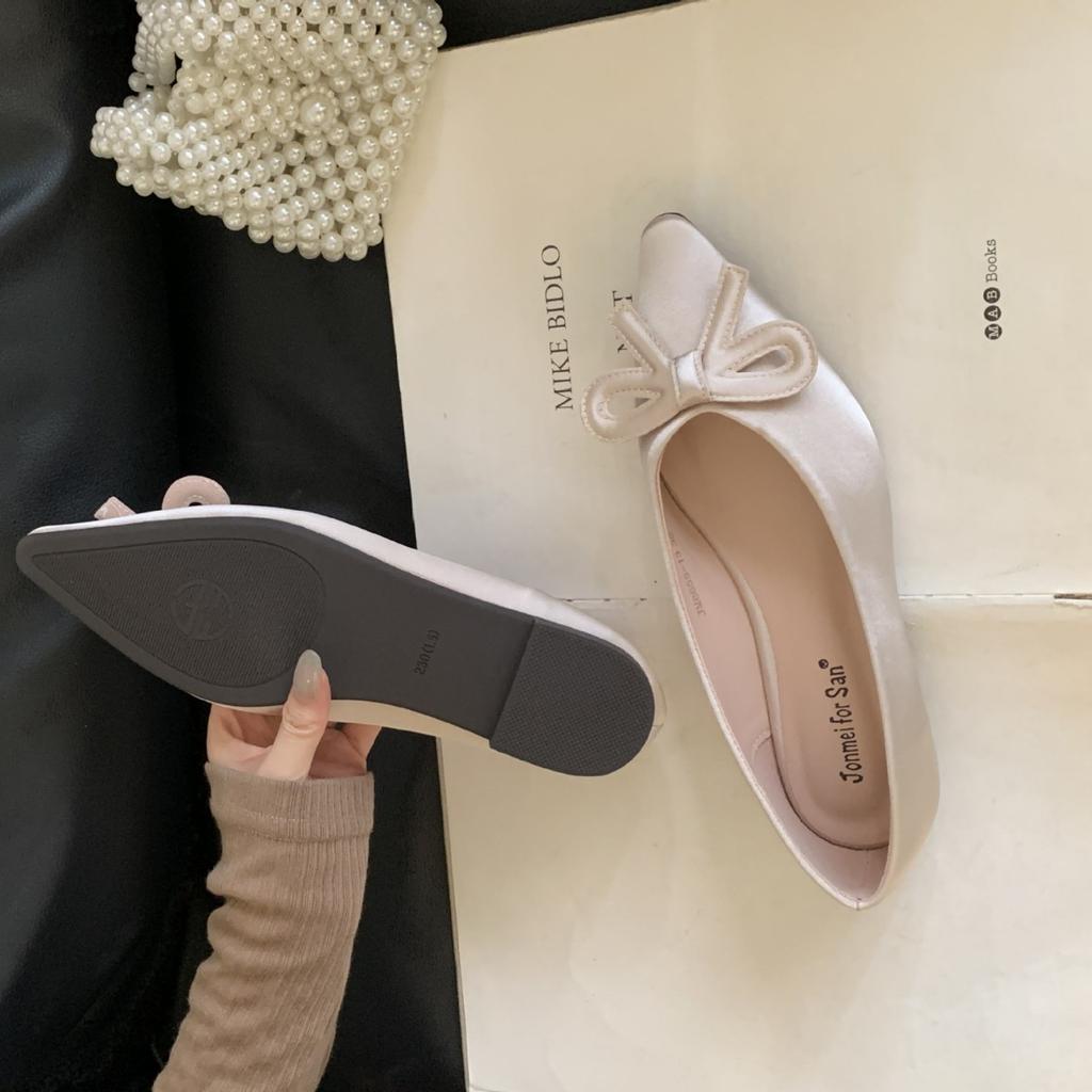 2025 new pointed bow satin low heel foot cover versatile shallow mouth Doudou pregnant women's single shoes