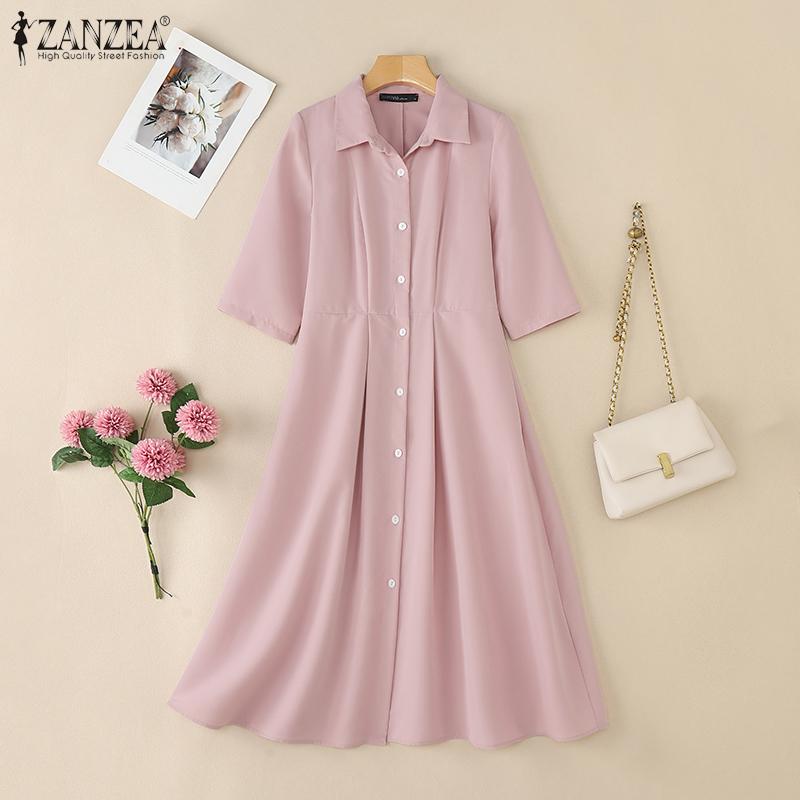 ZANZEA Womens Casual Turn Down Collar Loose 3/4 Sleeve Midi Dres