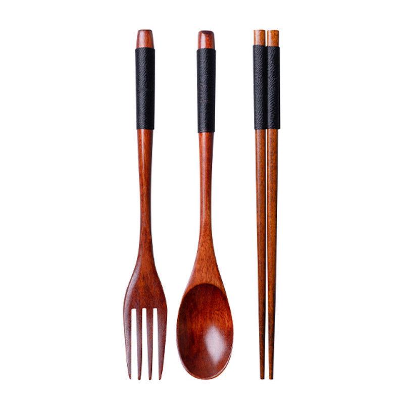 Studentisches Holzbesteck-Set: Löffel, Gabel, Essstäbchen mit Tragetasche. Ideal für den Außenbereich.