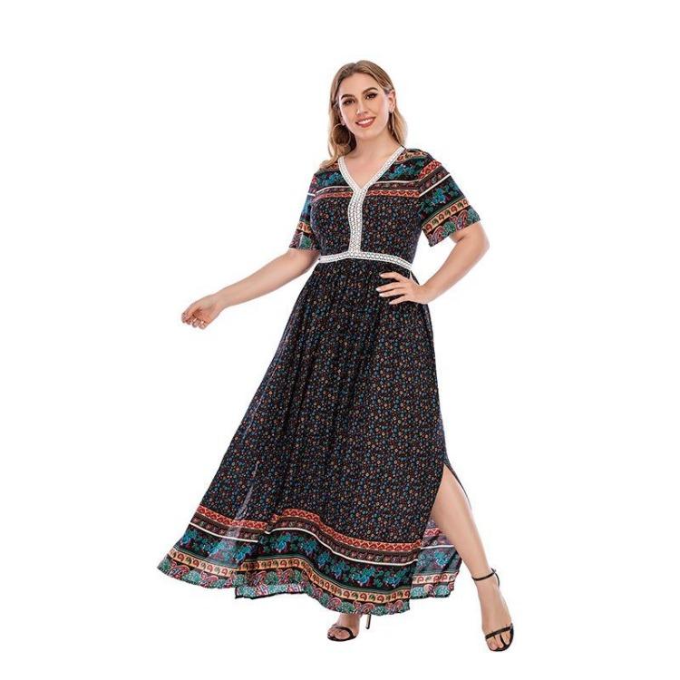 

Women Plus Size Oversized V Neck Dress Short Sleeve High Waist Printed Summer Dress Loose Casual Versatile Lace Stitched Dress 4XL