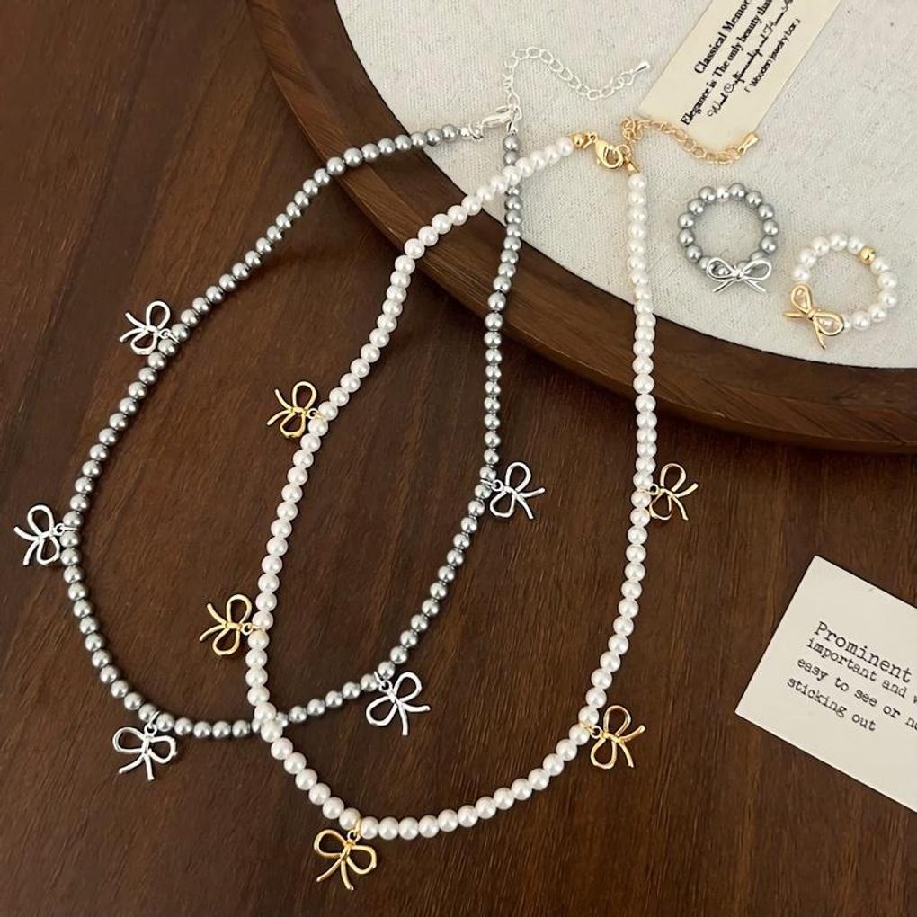 Women's Silver French Ribbon Shiny Pearl Ring Necklace