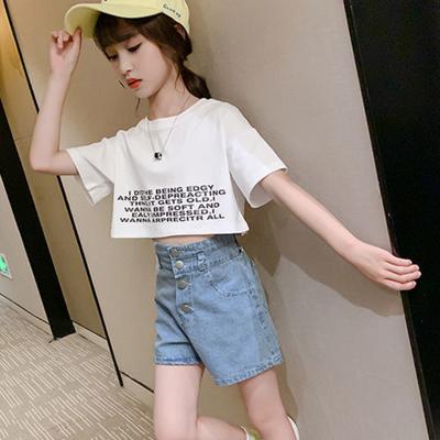 Girls Suits Clothing Set Summer Spring High Waist Denim Shorts Printing Letter Middle Sleeve Tops  2PCS Children Clothing Set