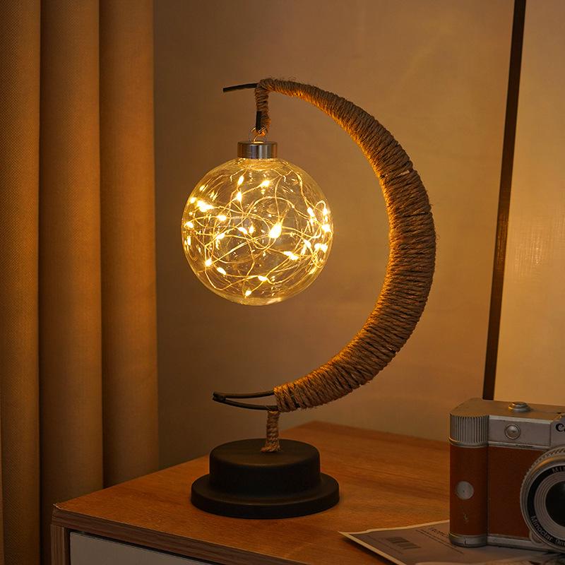 LED Star and Moon Vine Ball Desk Lamp with Hemp Rope and Iron Art - USB Decorative Night Light