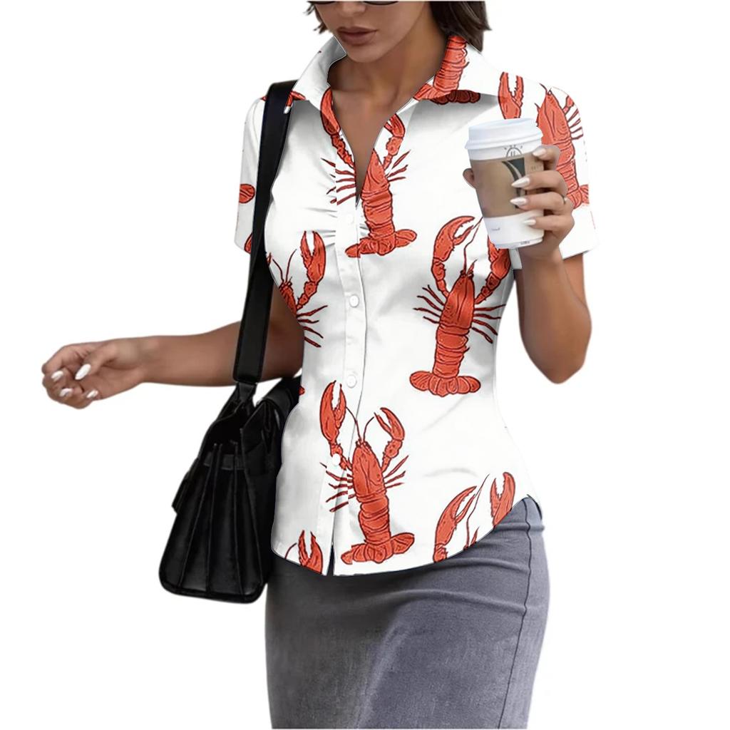 Damen Kurzarm Hemdbluse Slim Fit mit Kragen Hummerdruck Lässiges Sommer Oberteil für Büroarbeit und Alltag