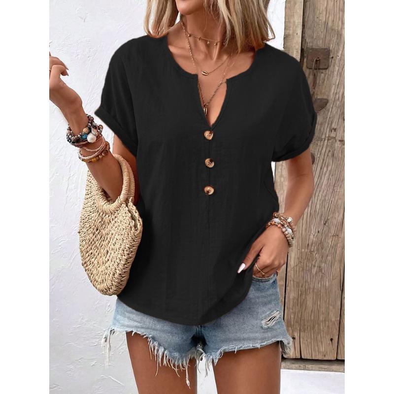 Summer Women's Button Up V-neck Short Sleeved T-shirt Top