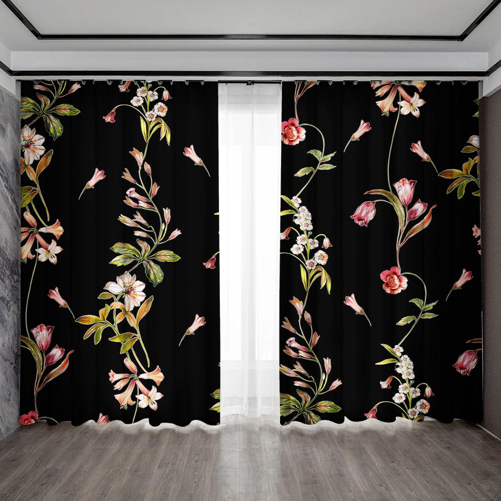 

2 шт. Домашние декоративные шторы с черным фоном, цветами и кулиской, Кухня, Кофейня, Гостиная, Балкон 75x166cm&Without mount