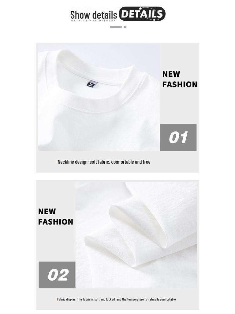 Męski T-shirt z długim rękawem z grubej bawełny - Biały z okrągłym dekoltem, nadruk stalowy, luźny krój, kolekcja jesienna