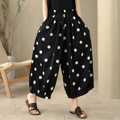 DIMANAF 2026 Sommer Neue Große Größen Damen Lange Hosen Vintage Druck Schwarz Locker Lässig Elastischer Bund Damen Unterteile