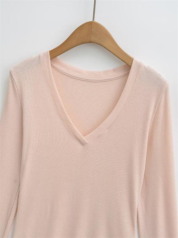 Korean V-Neck Long-Sleeve Slim Fit Sheer T-Shirt for Women - Autumn Essential