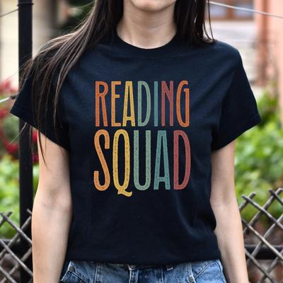 Reading Squad Unisex T-Shirt Reading Teacher Librarian Black Dark Heather White