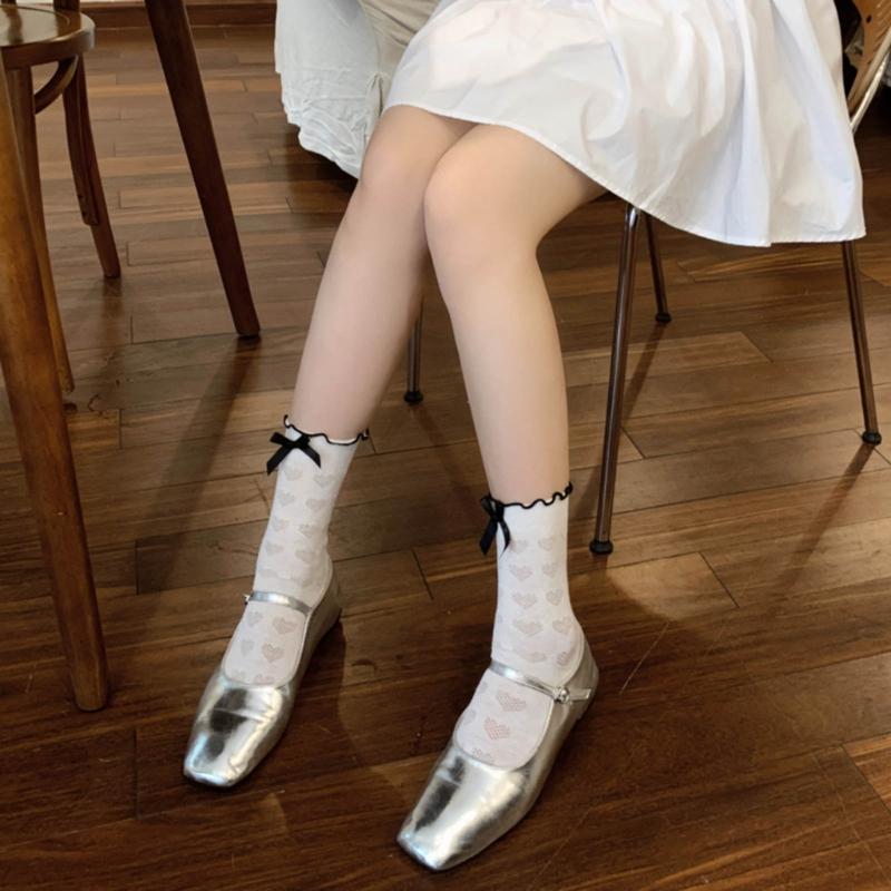 Women's Lolitas Cute Summer Calf Socks Japanese Sweet Bowknot Crew Socks JK Uniform Loose Socks Ruffle Frilly Ankle Sock