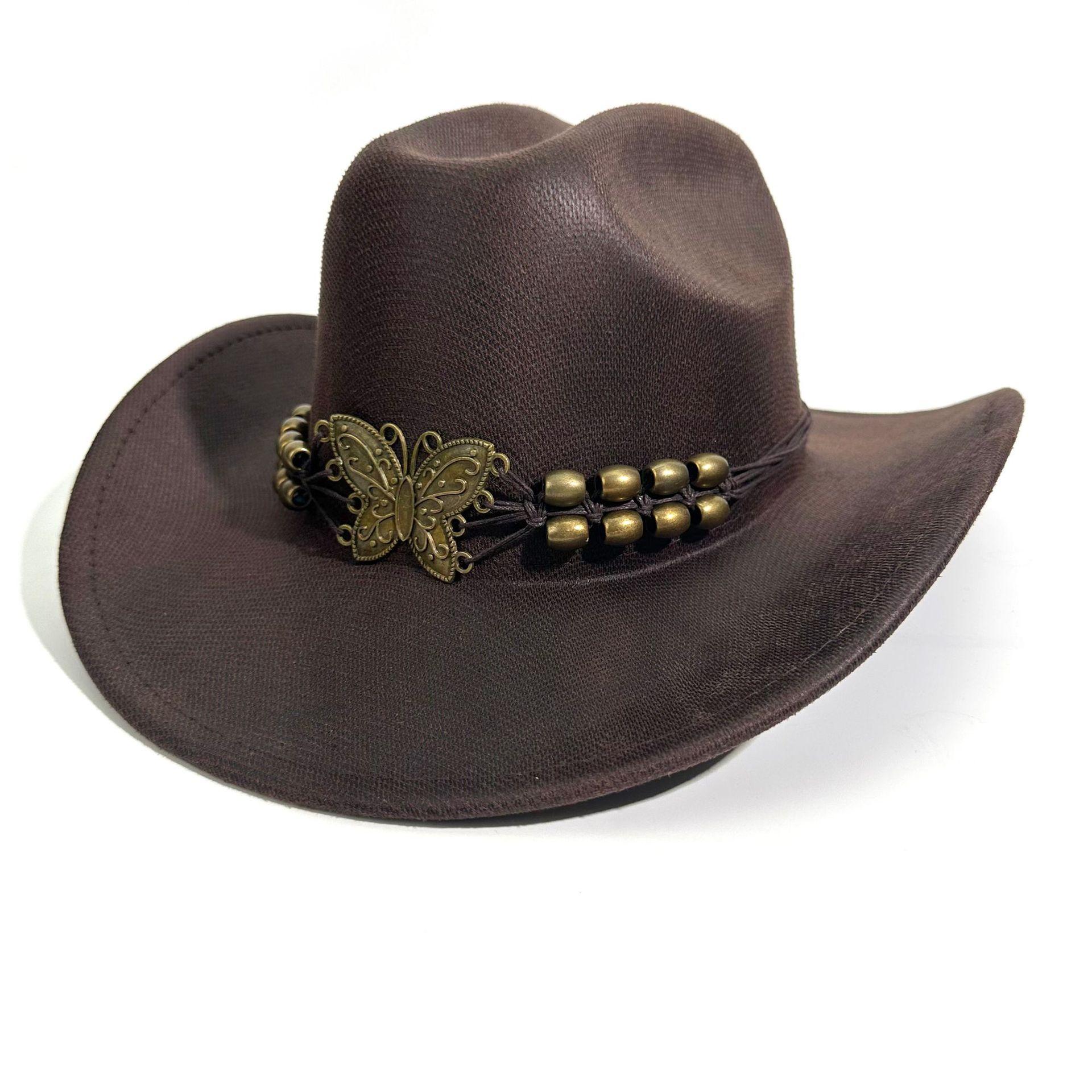 

European And Americannew Western Cowboy Hat European And American Jazz Hat Men And Women S Ethnic Style Big Brim Sunshade Sunscreen Top M（56-58cm） темно-коричневого кольору