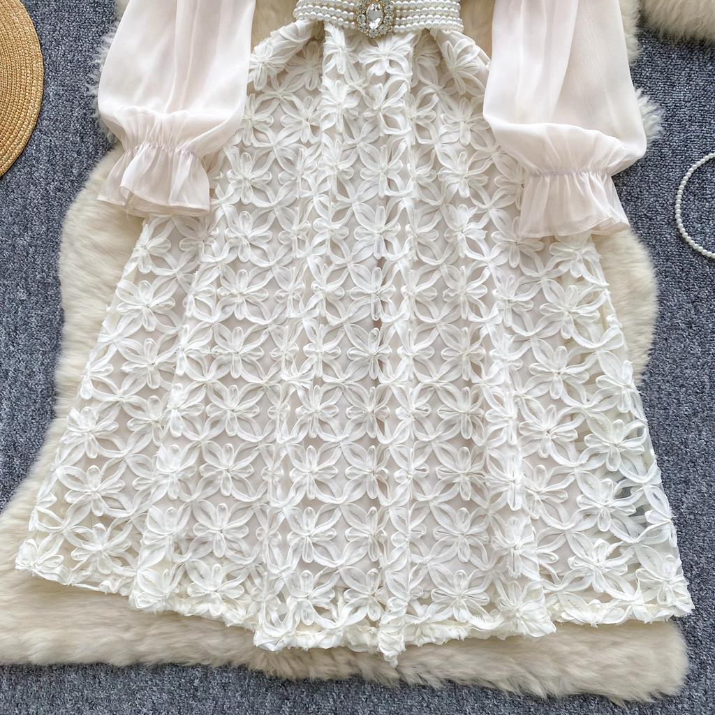 Autumn New Slimming Knee-length Elegant Mesh Dress for Women Luxury Beaded Flower Embroidery Peral Belt Slim Party Dress