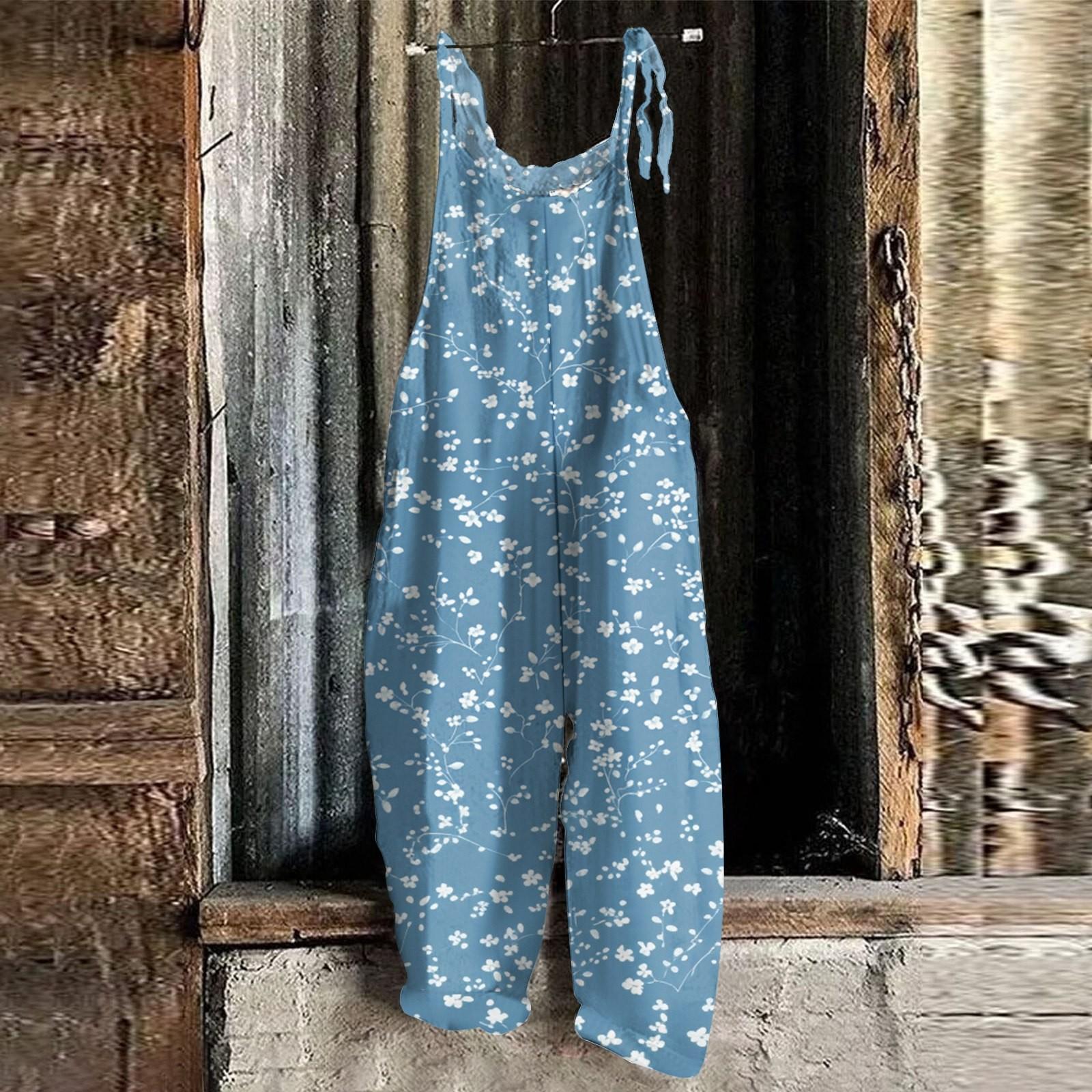 

Женский комбинезон с принтом, повседневный свободный винтажный комбинезон из хлопка и льна XL небесно-голубой