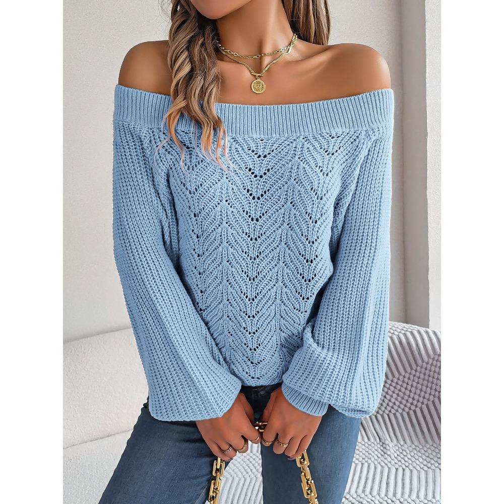 Autumn and Winter Casual Solid Color Hollow One-neck Off-shoulder Lantern Sleeve Sweater
