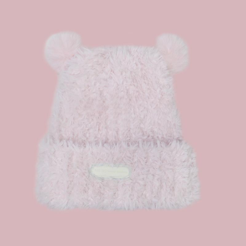 Cute bear plush knitted wool hat children 2025 new autumn and winter warm fluffy pullover ear hat